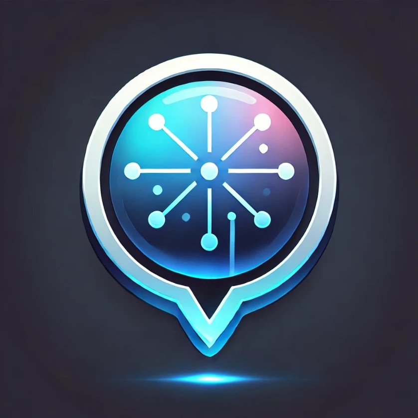 A glowing digital icon resembling a radar or network diagram inside a speech bubble.