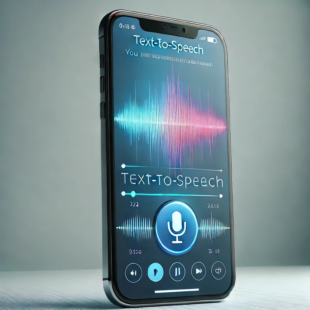 Smartphone displaying a speech-to-text app with a waveform and microphone icon.