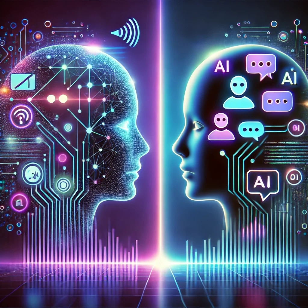 Digital illustration of two human profiles facing each other, with one side representing artificial intelligence and the other human intelligence, surrounded by futuristic icons, data, and neural network elements.