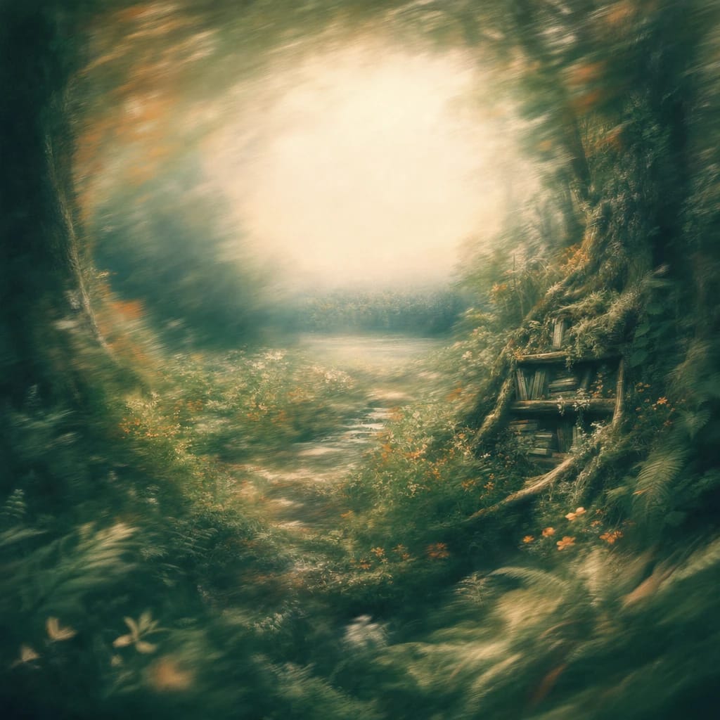 Stylized scene featuring a clearing in the woods with wildflowers, overgrown ferns, and a weathered, mossy bookshelf nestled among tree roots, dappled sunlight streaming in, rendered in deep forest green, off-white, and warm orange