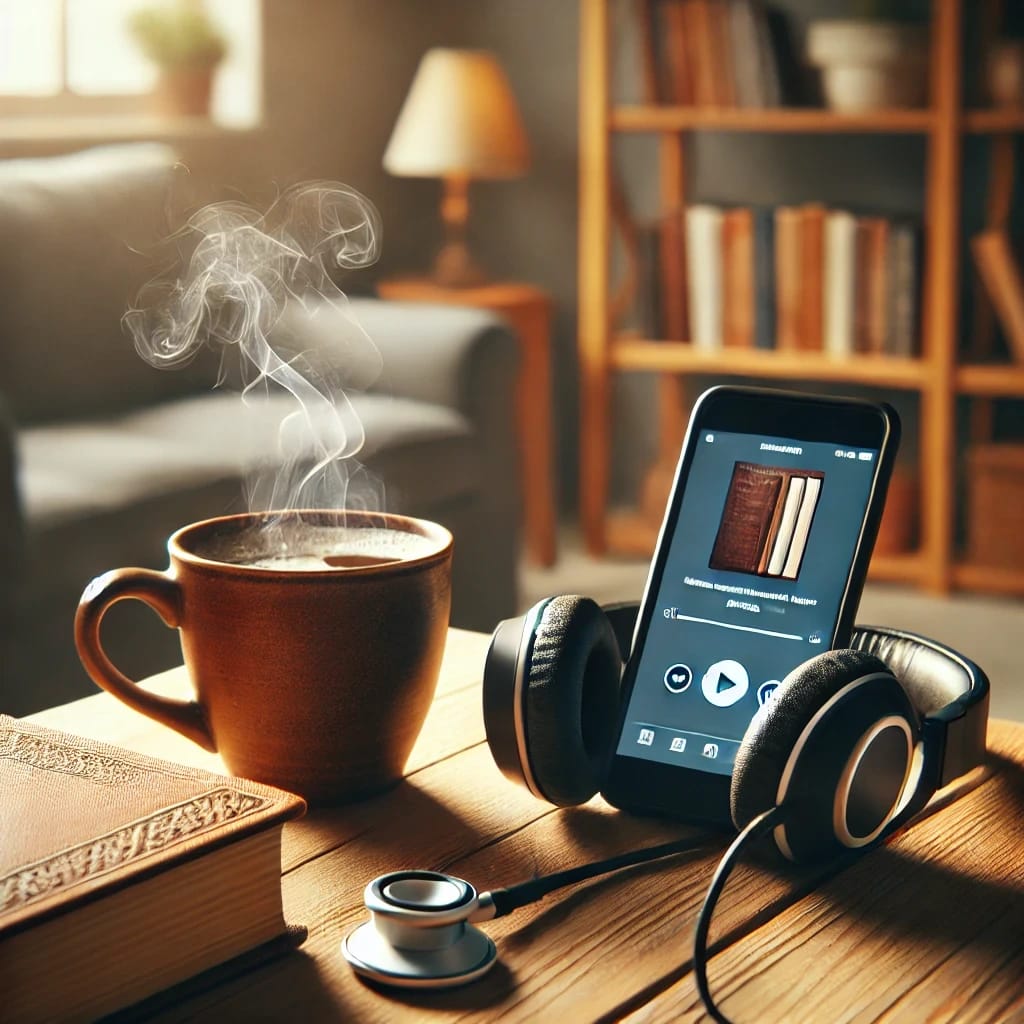 A steaming cup of coffee, a book, and a smartphone with headphones on a wooden table in a cozy room.