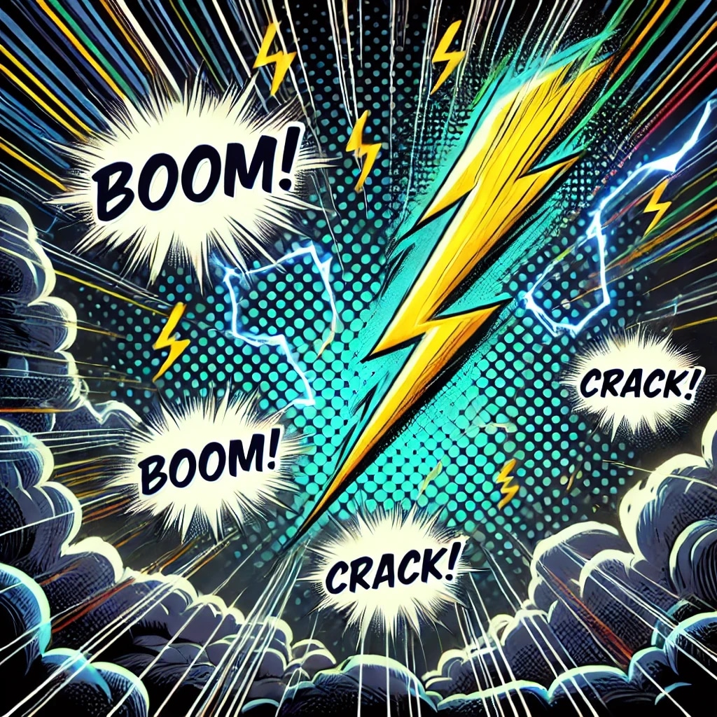 Comic book explosion with lightning bolts, sound effects "BOOM!" and "CRACK!", and vibrant colors.