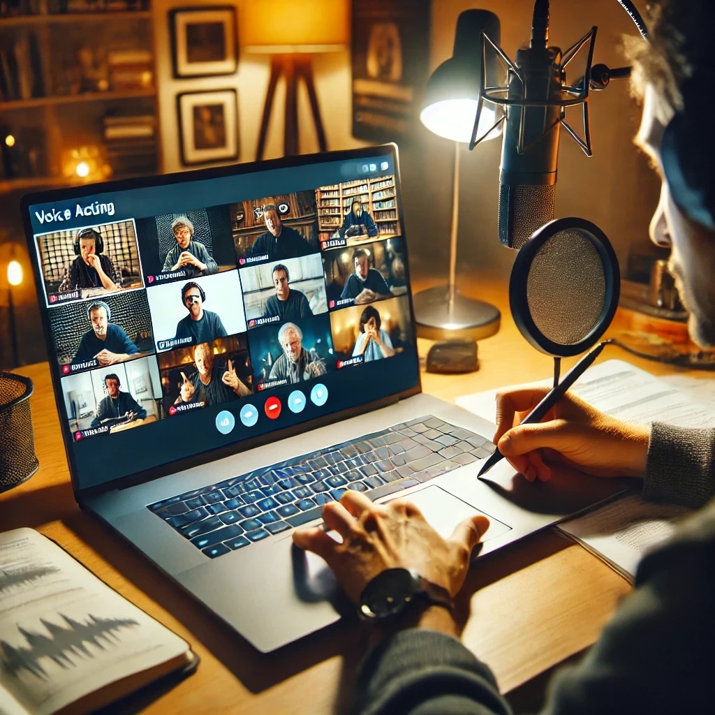 A person recording a voice acting session on a laptop during a virtual meeting with multiple participants.