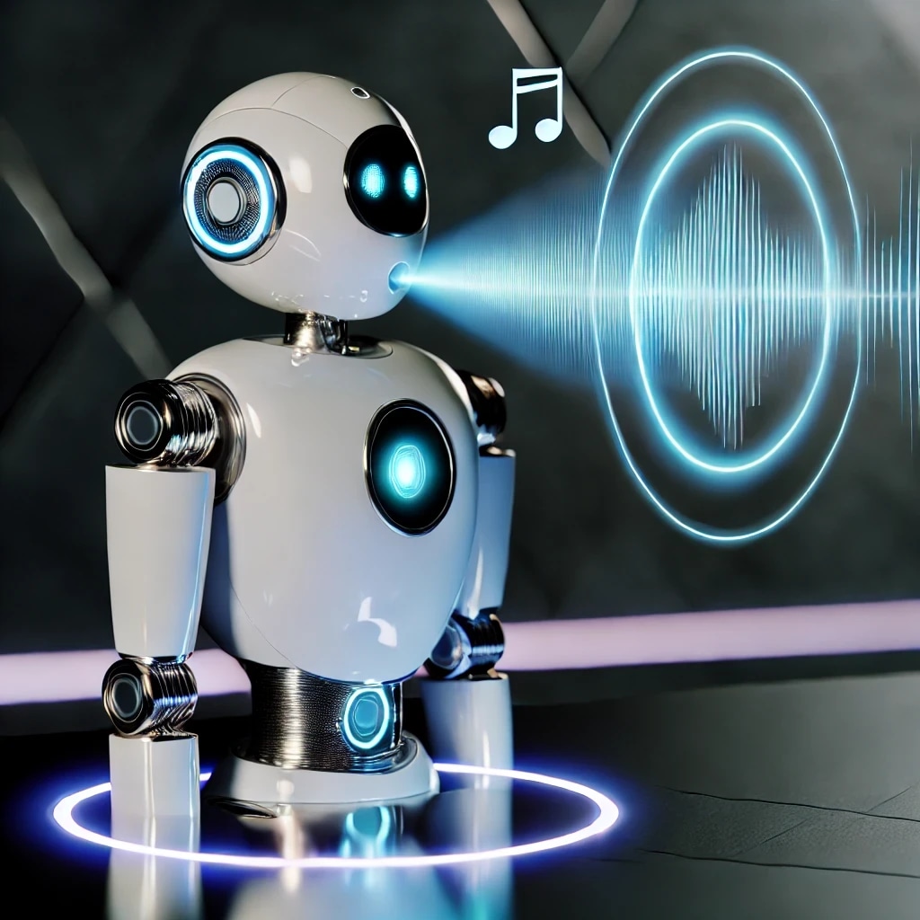 A robot emitting sound waves with musical notes and sound wave graphics around it.