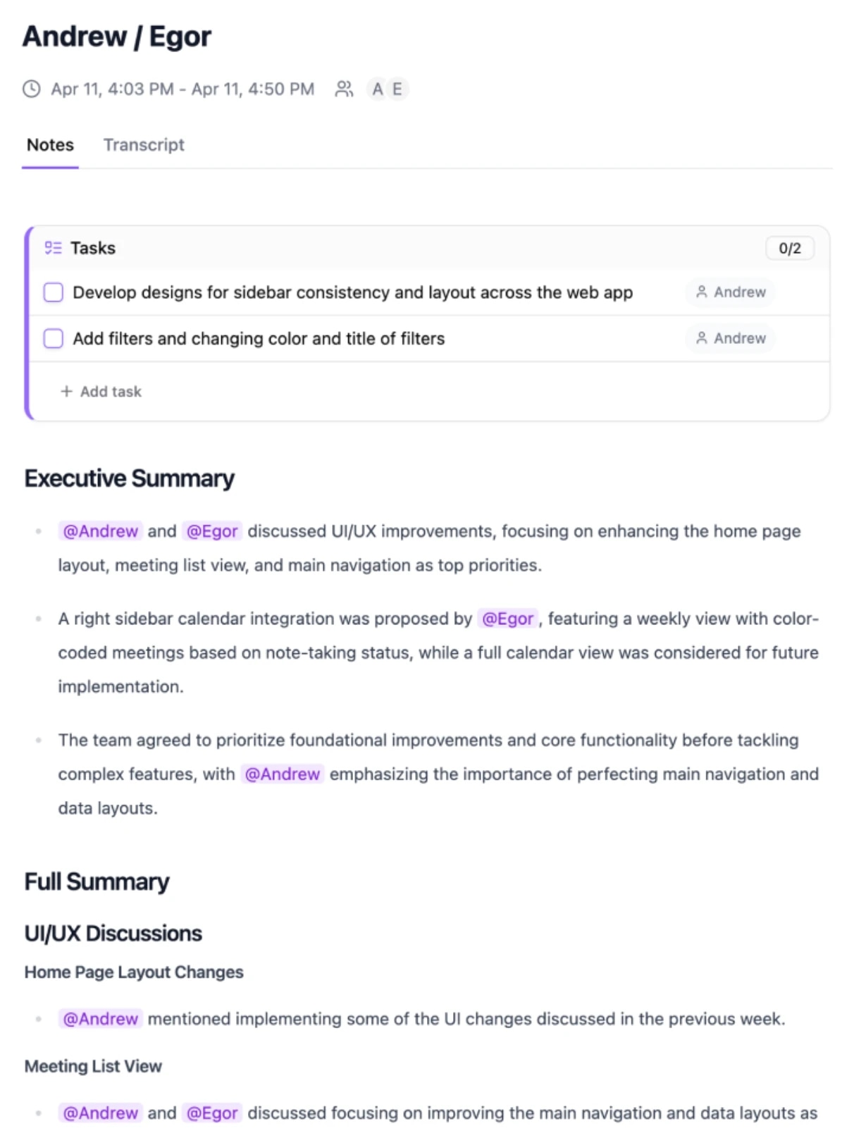 An example of a meeting summary by Jamie, based on a Scribe transcript