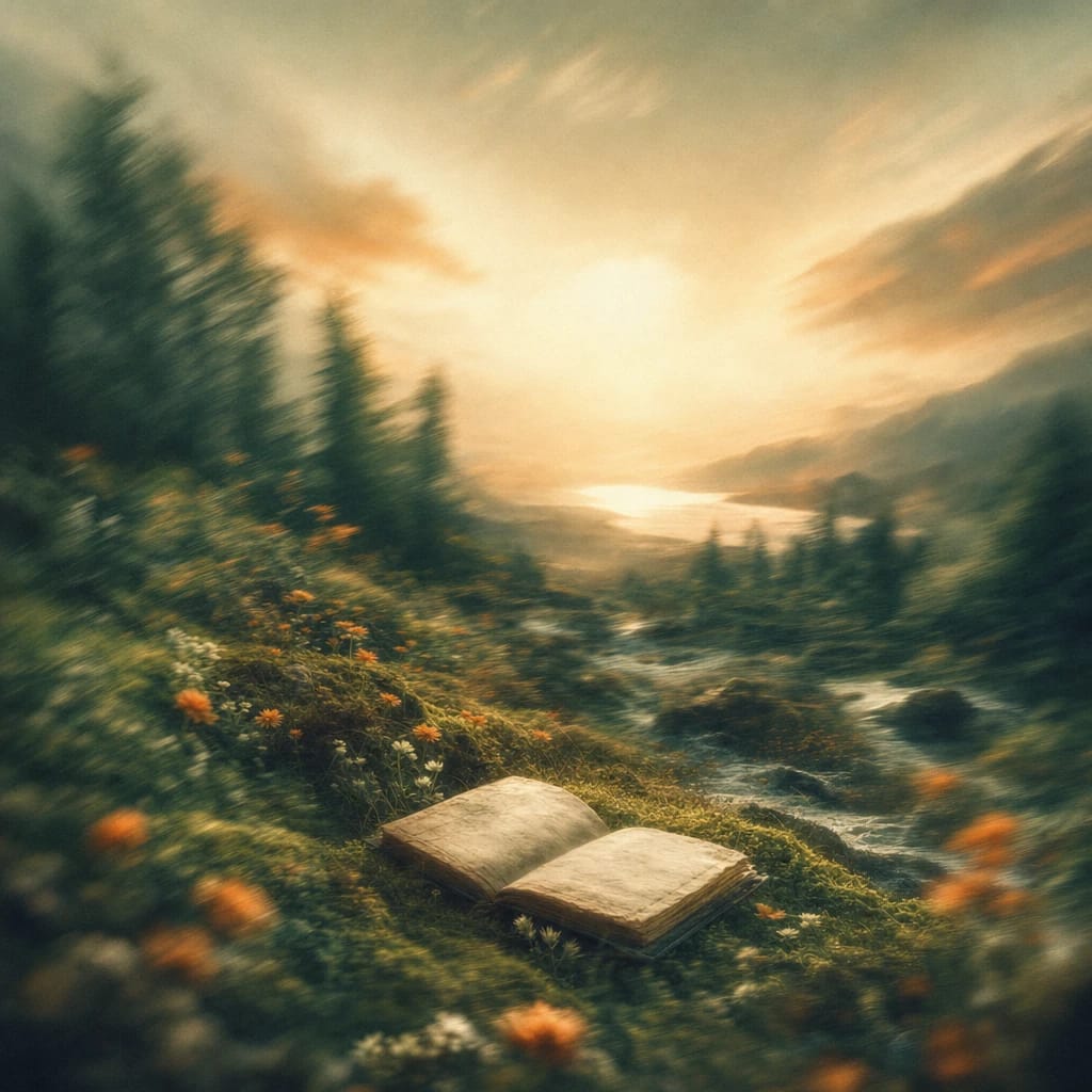 Stylized scene featuring a mossy forest floor with scattered wildflowers and an open, weathered notebook in the foreground, rendered in deep forest green, off-white, and warm orange
