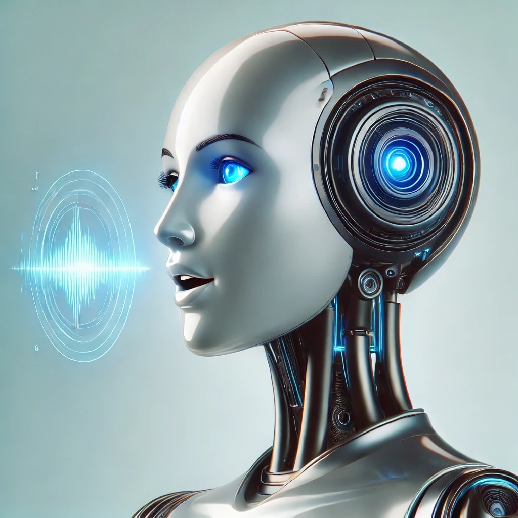 A humanoid robot with a sleek, metallic face and glowing blue eyes, facing left, with a digital sound wave graphic in front of it.