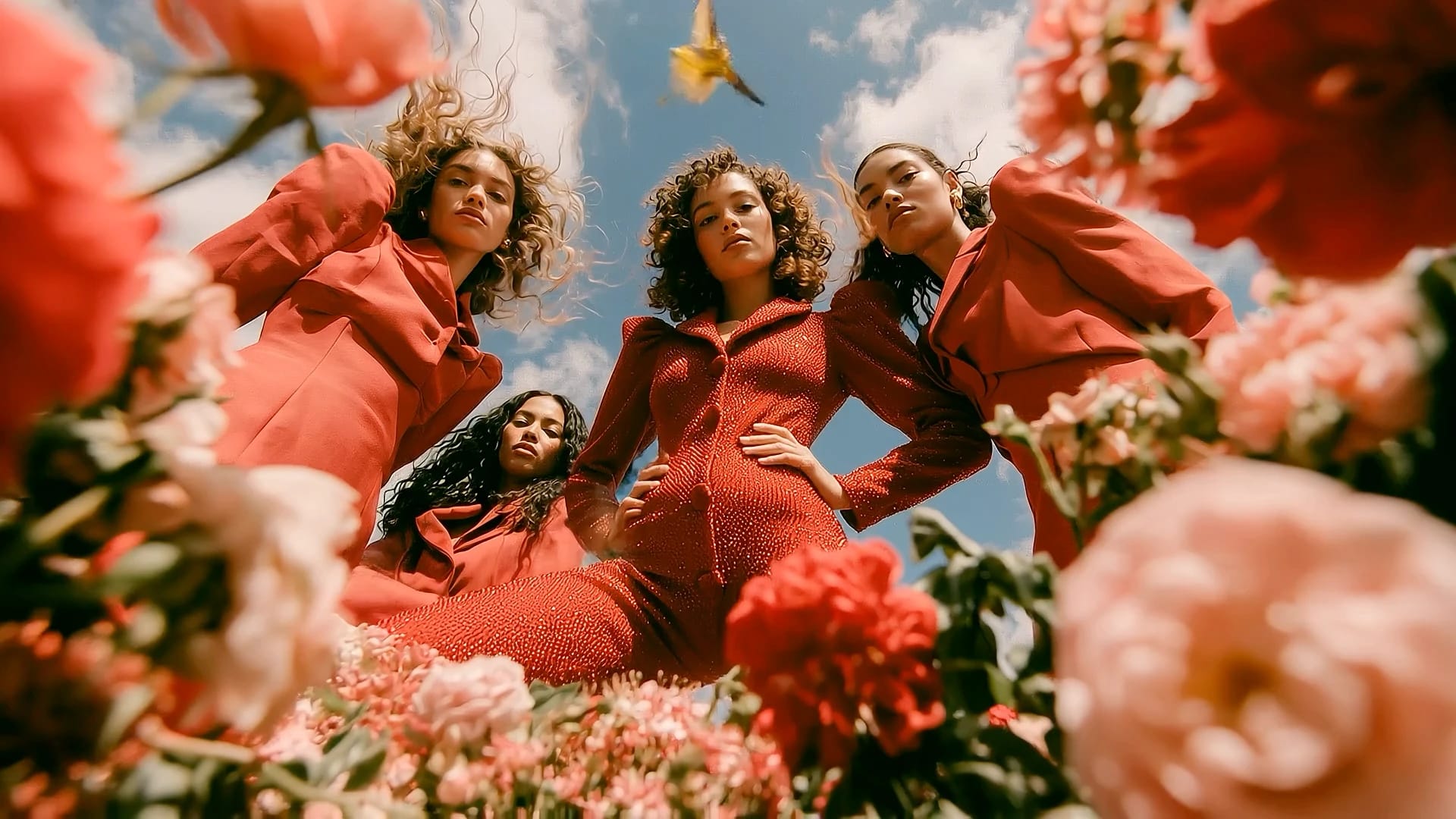 Ripresa dal basso verso quattro modelli di moda con completi rossi vivaci, in mezzo a rose rosa e rosse. Un piccolo uccellino giallo vola davanti a un cielo blu con soffici nuvole bianche.