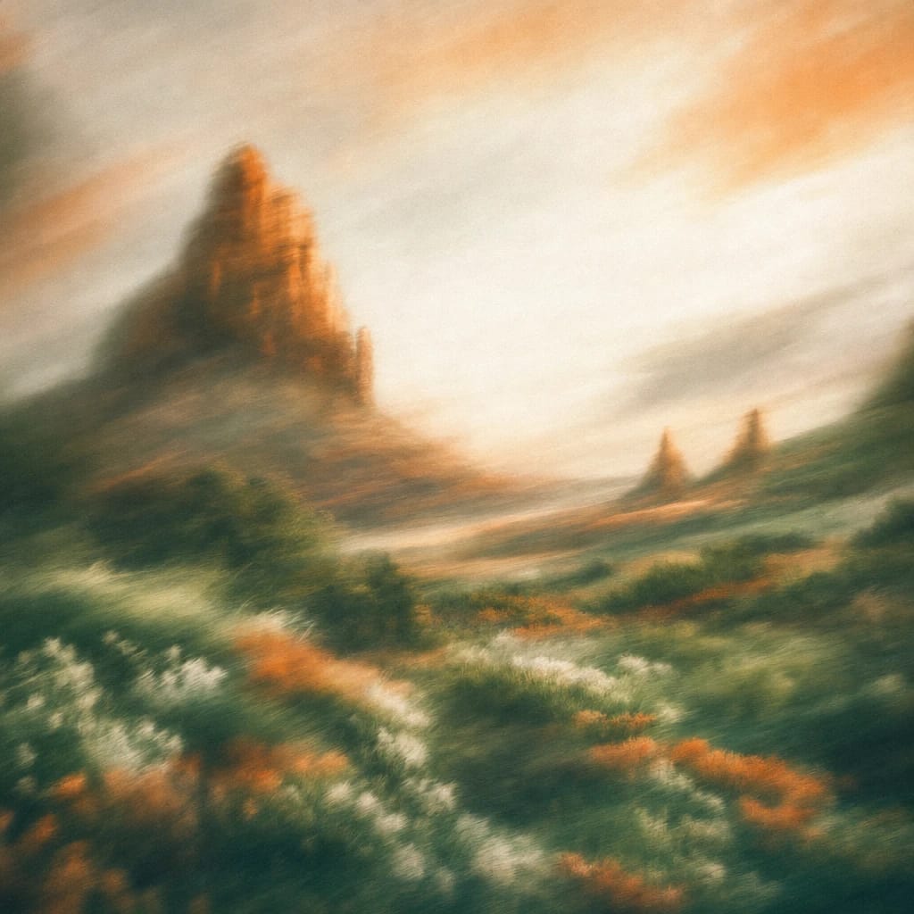 Stylized scene featuring wind-carved sandstone buttes rising above hardy scrub and wild grasses, rendered in deep forest green, off-white, and warm orange