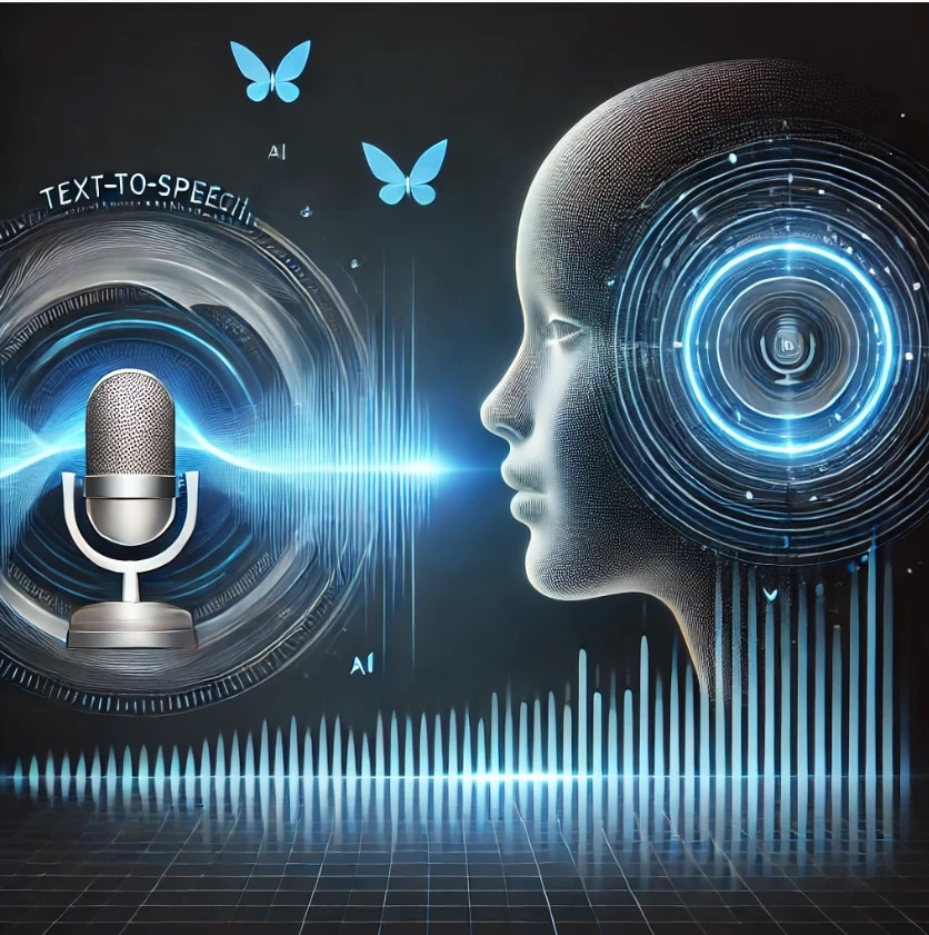 Digital illustration of a human face with audio waveforms, a microphone, butterflies, and futuristic technology elements representing speech and AI.