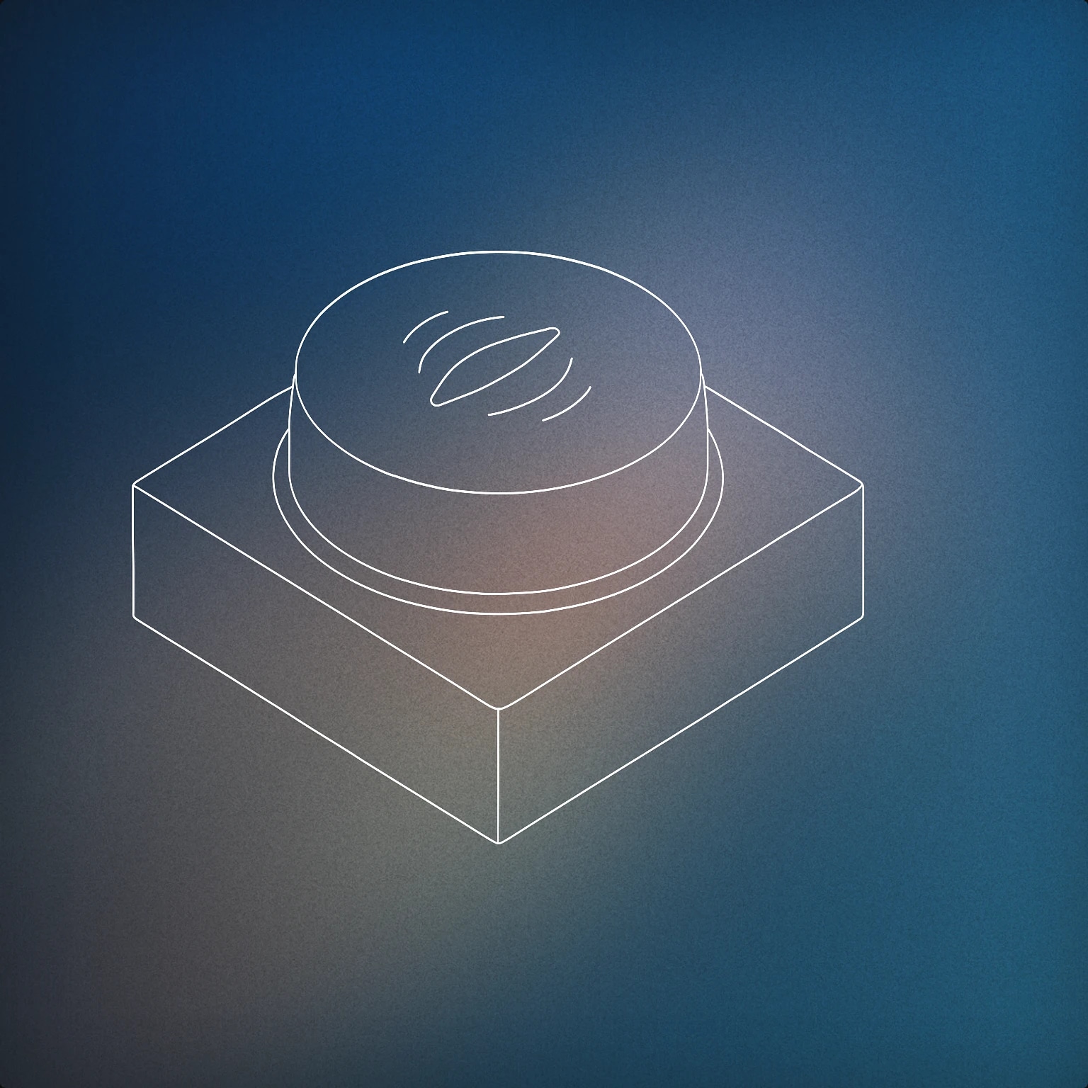 Cover of a large, simple tactile push-button with a slightly depressed circular surface and a subtle soundwave pattern etched onto it for Press sound effects