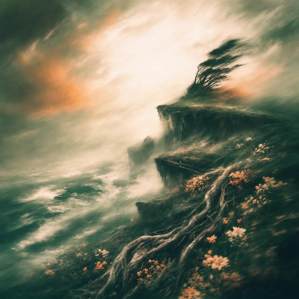 Stylized scene featuring a jagged, windswept cliffside under stormy skies with twisted, exposed roots gripping the rocky terrain, rendered in deep forest green, off-white, and warm orange