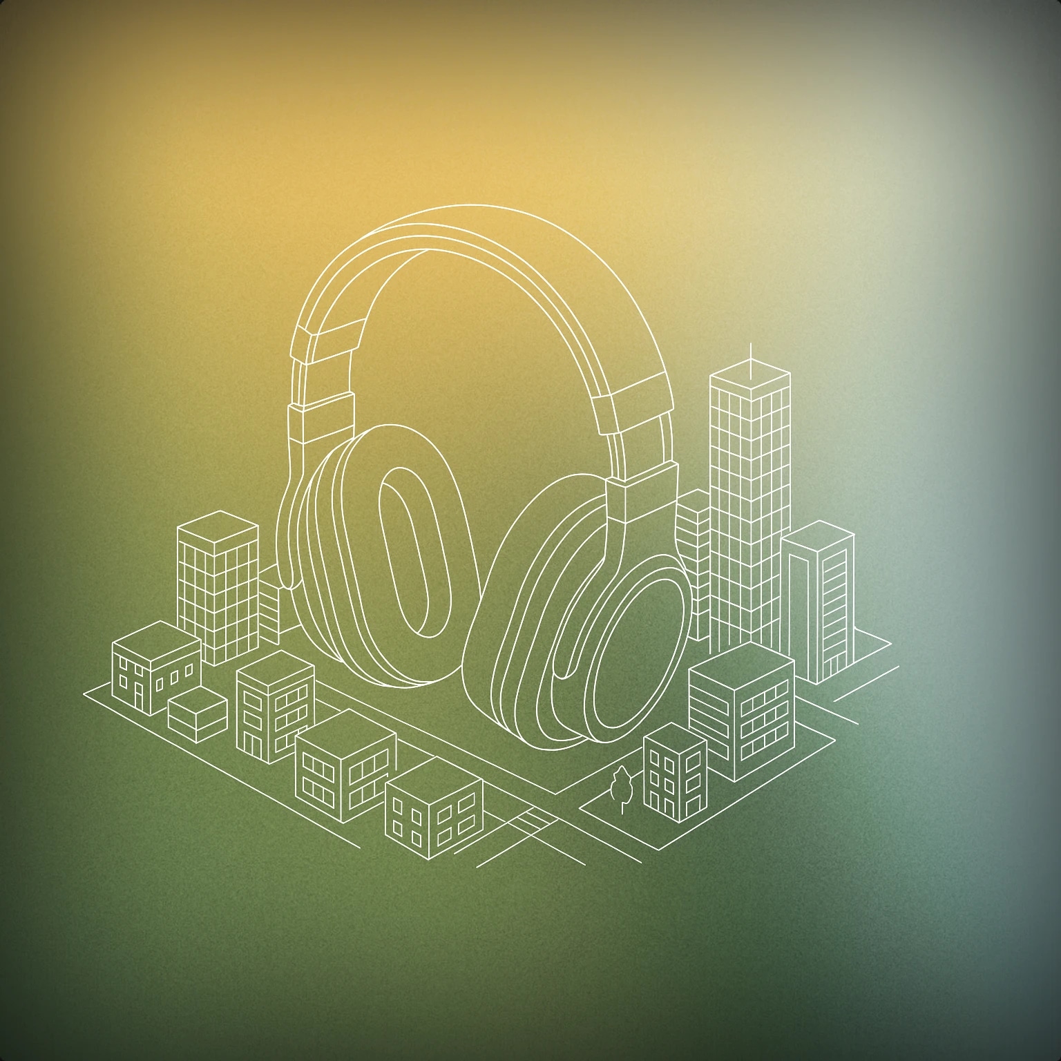 Cover of enormous pair of over-ear headphones towering above a simplified cityscape for Giant sound effects