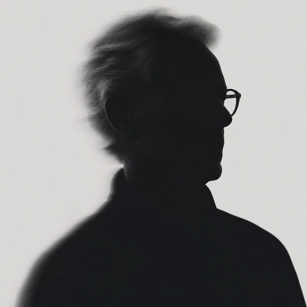 Stylized scene featuring elderly man with glasses and gray hair, rendered in #D7D5D5