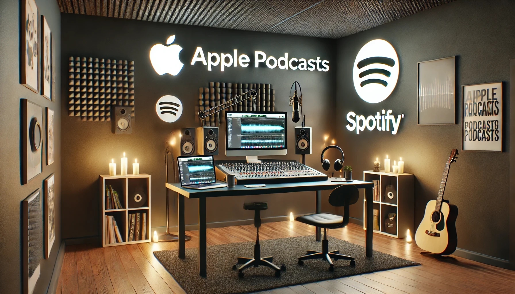 A recording studio with Apple Podcasts and Spotify logos, a mixing console, computer, microphones, speakers, and a guitar.