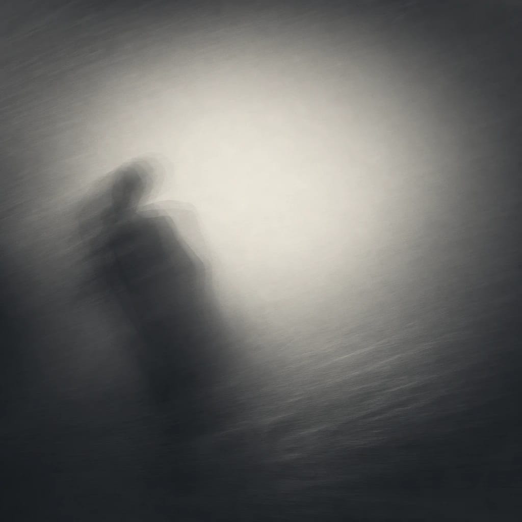 Stylized scene featuring lone backlit figure with tousled hair, hands in pockets, rendered in charcoal gray #41454A