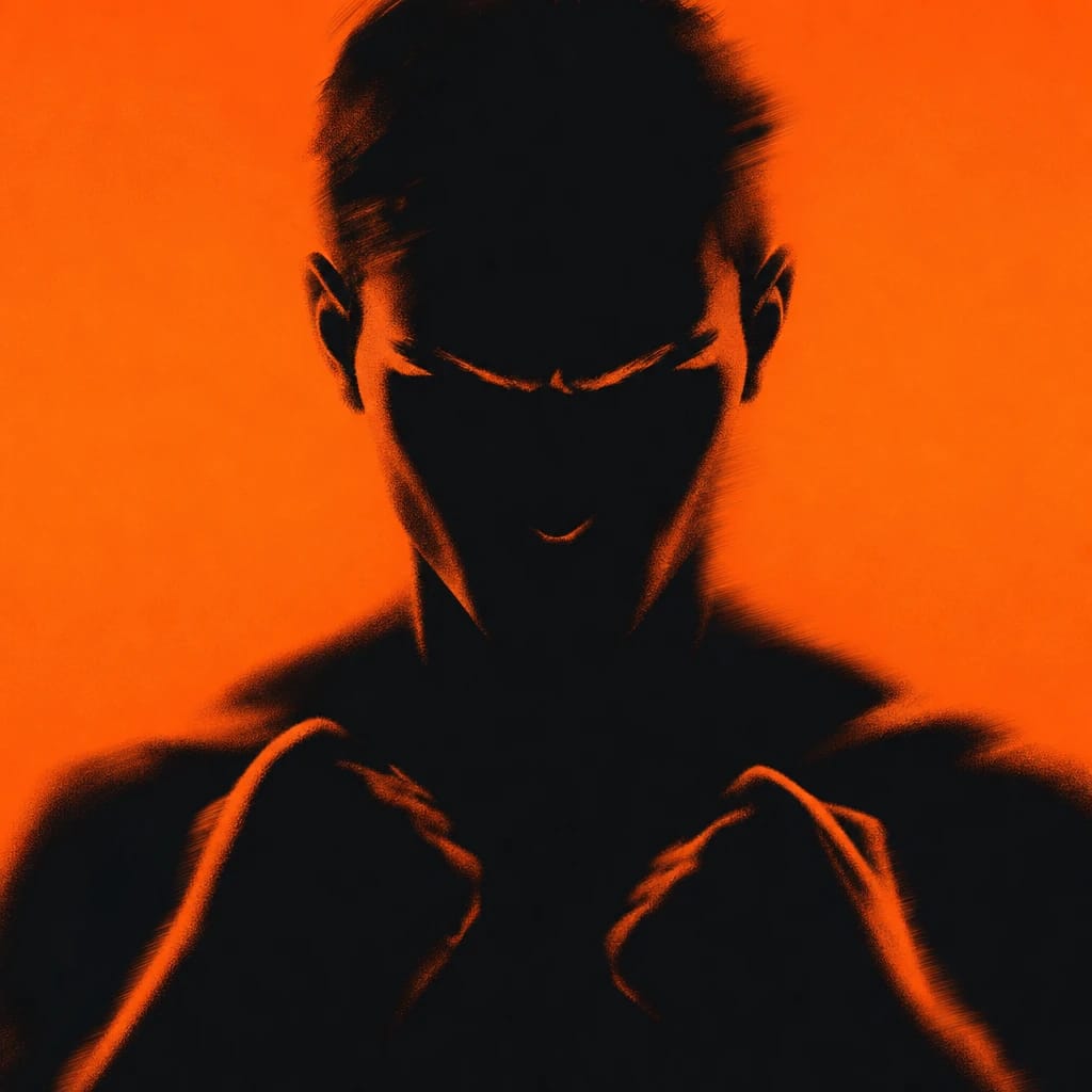Stylized scene featuring person with clenched fists and furrowed brows, rendered in #F76D3F