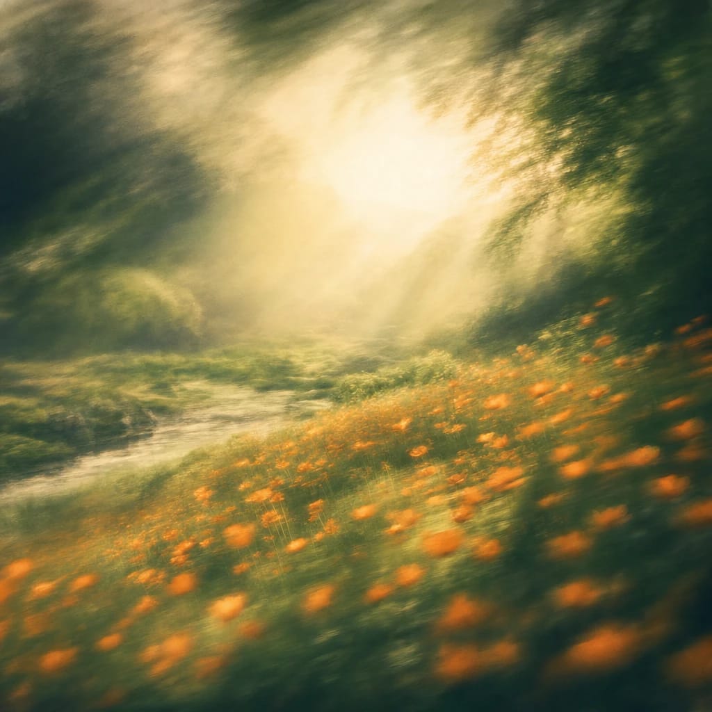Stylized scene featuring sunbeams filtering through lush green foliage onto a vibrant field of orange wildflowers, rendered in deep forest green, off-white, and warm orange