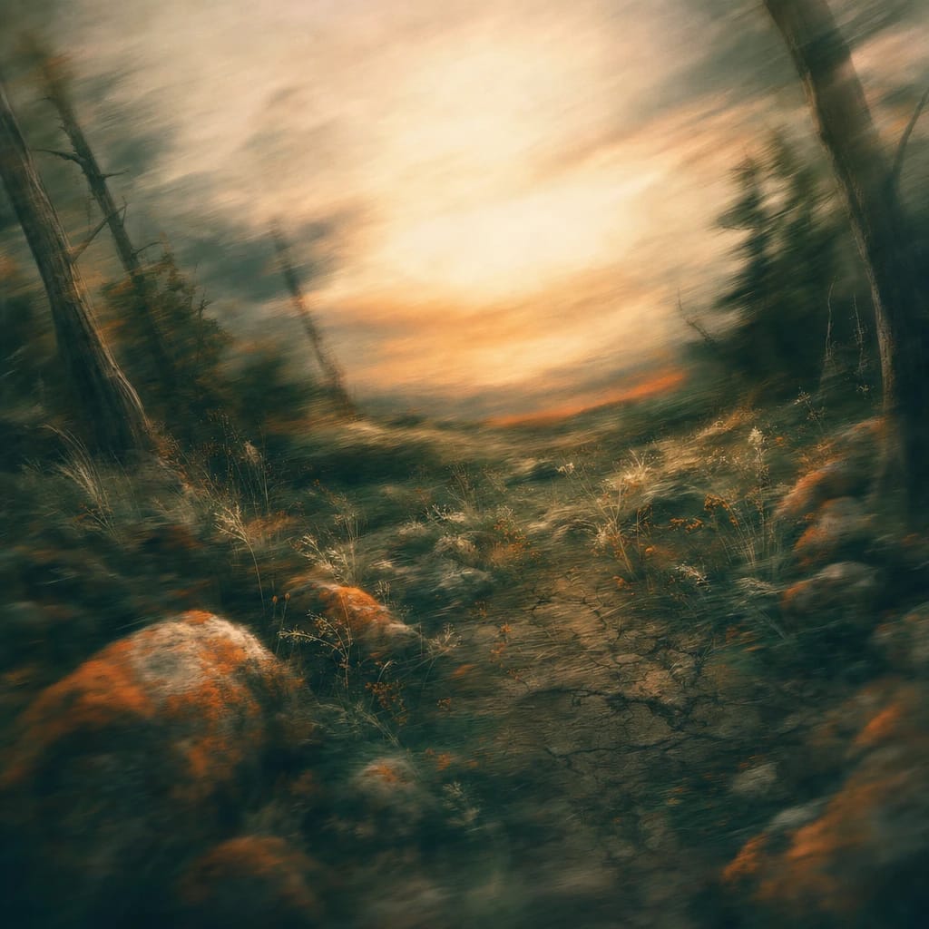 Stylized scene featuring a weathered forest clearing at dusk, brambles and wild grasses pushing through cracked earth, with rough tree trunks and orange-mossed stones, rendered in deep forest green, off-white, and warm orange