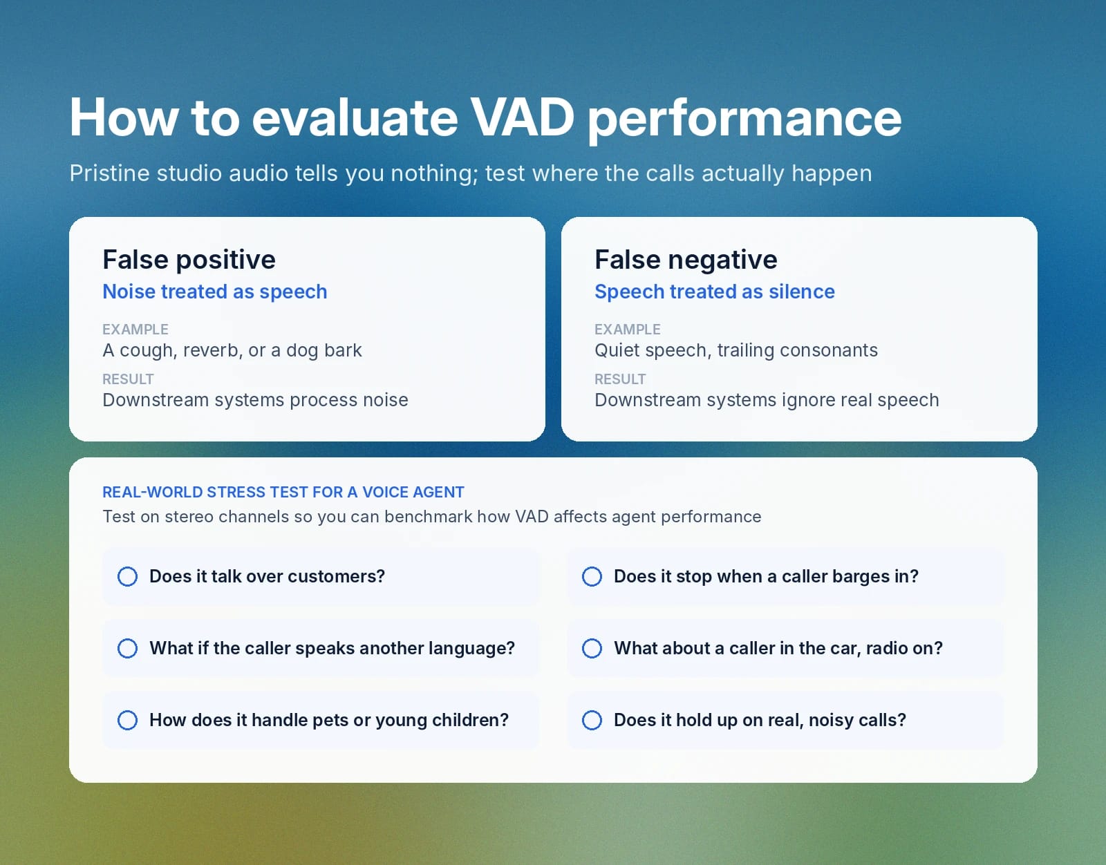 VAD evaluation guide: false positives, false negatives, and real-world voice-agent stress tests.