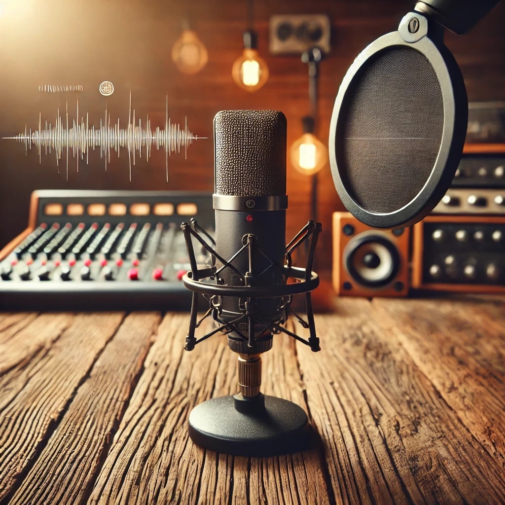 A microphone on a wooden table in a recording studio with audio equipment in the background.