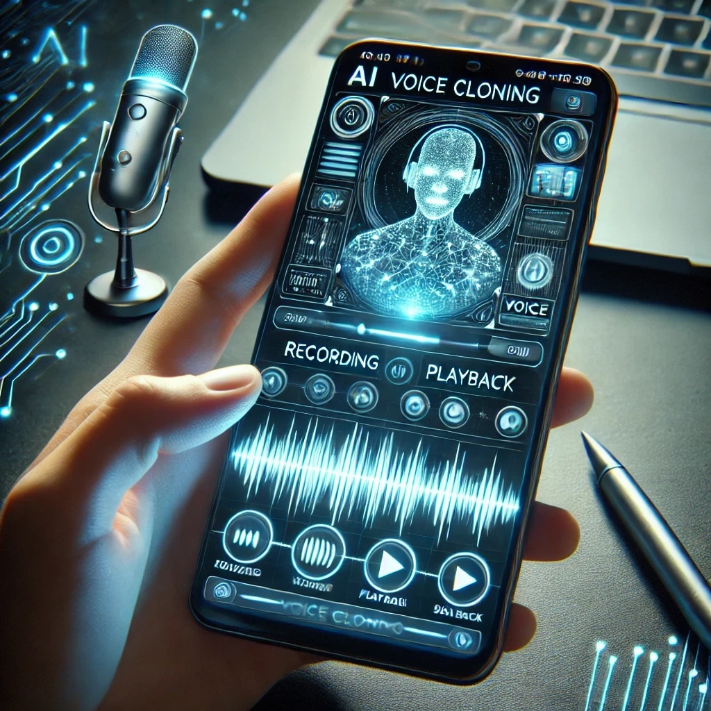 Smartphone screen displaying AI voice cloning interface with a digital human figure and audio controls.