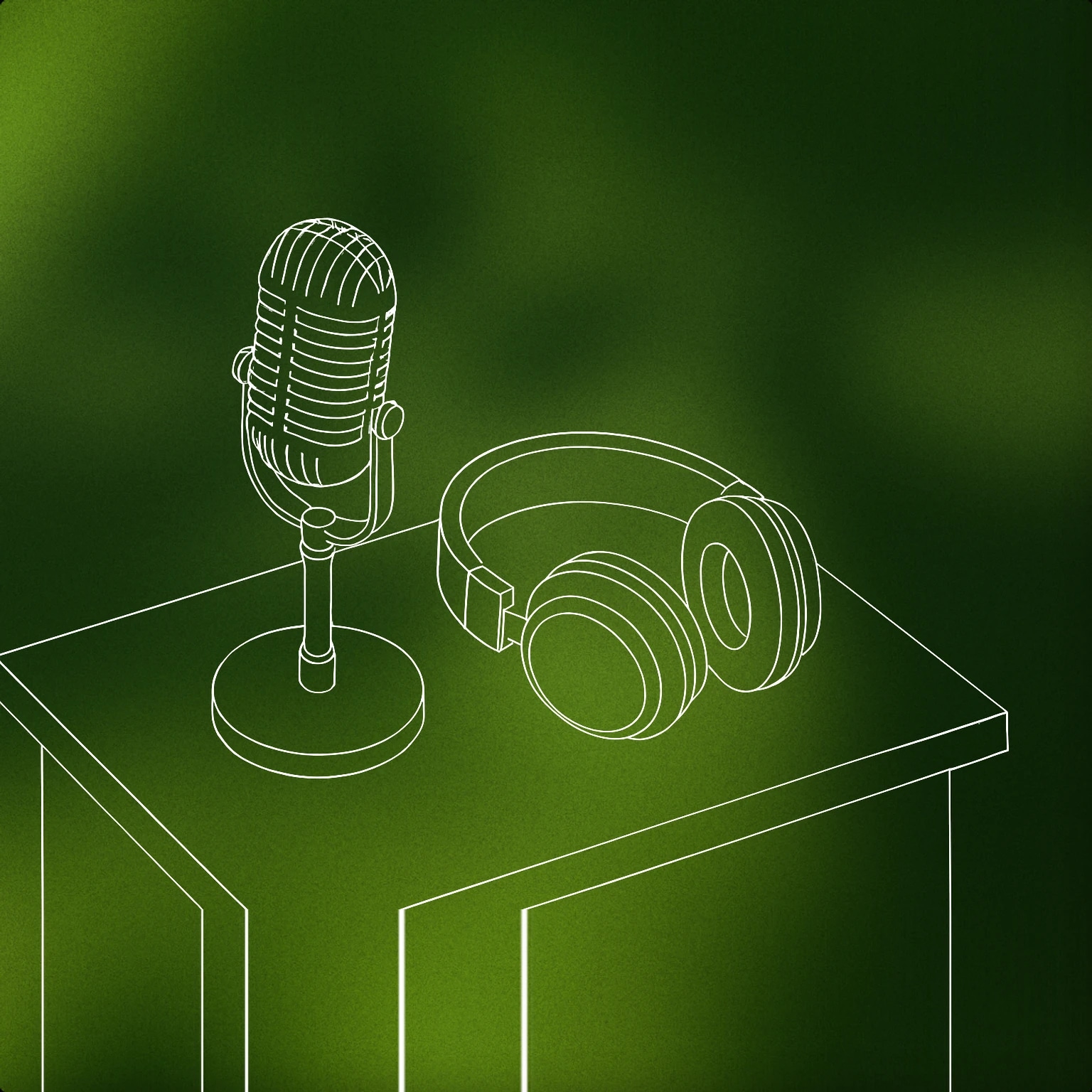 Cover of A classic broadcast microphone placed on a studio desk with a pair of simple over-ear headphones resting beside it for Podcast Intro sound effects