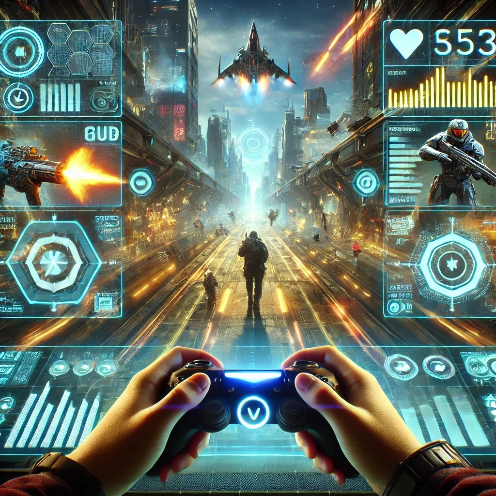 A person holding a game controller in front of a futuristic video game scene with soldiers, a spaceship, and holographic displays.