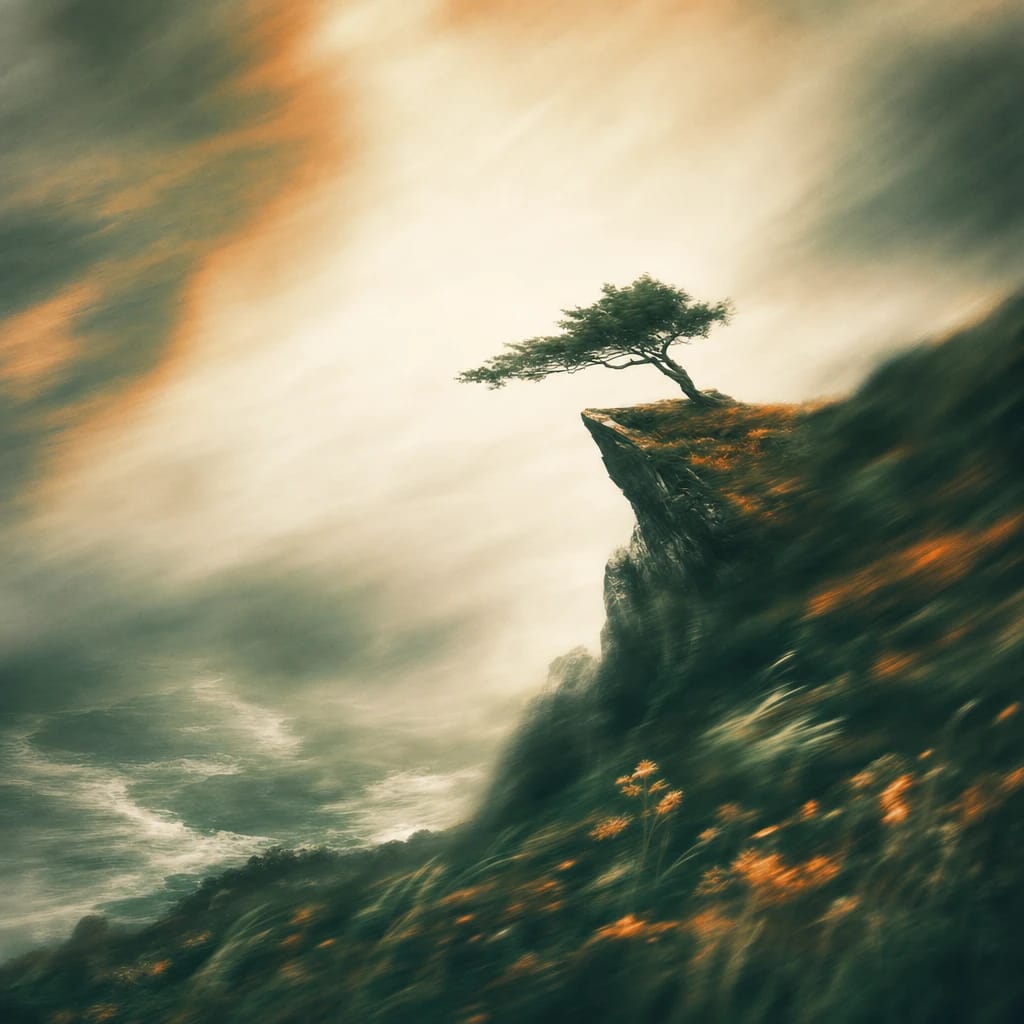 Stylized scene featuring a windswept cliff edge with jagged rocks and a single tree clinging to the brink, set against a dynamic cloudy sky, rendered in deep forest green, off-white, and warm orange