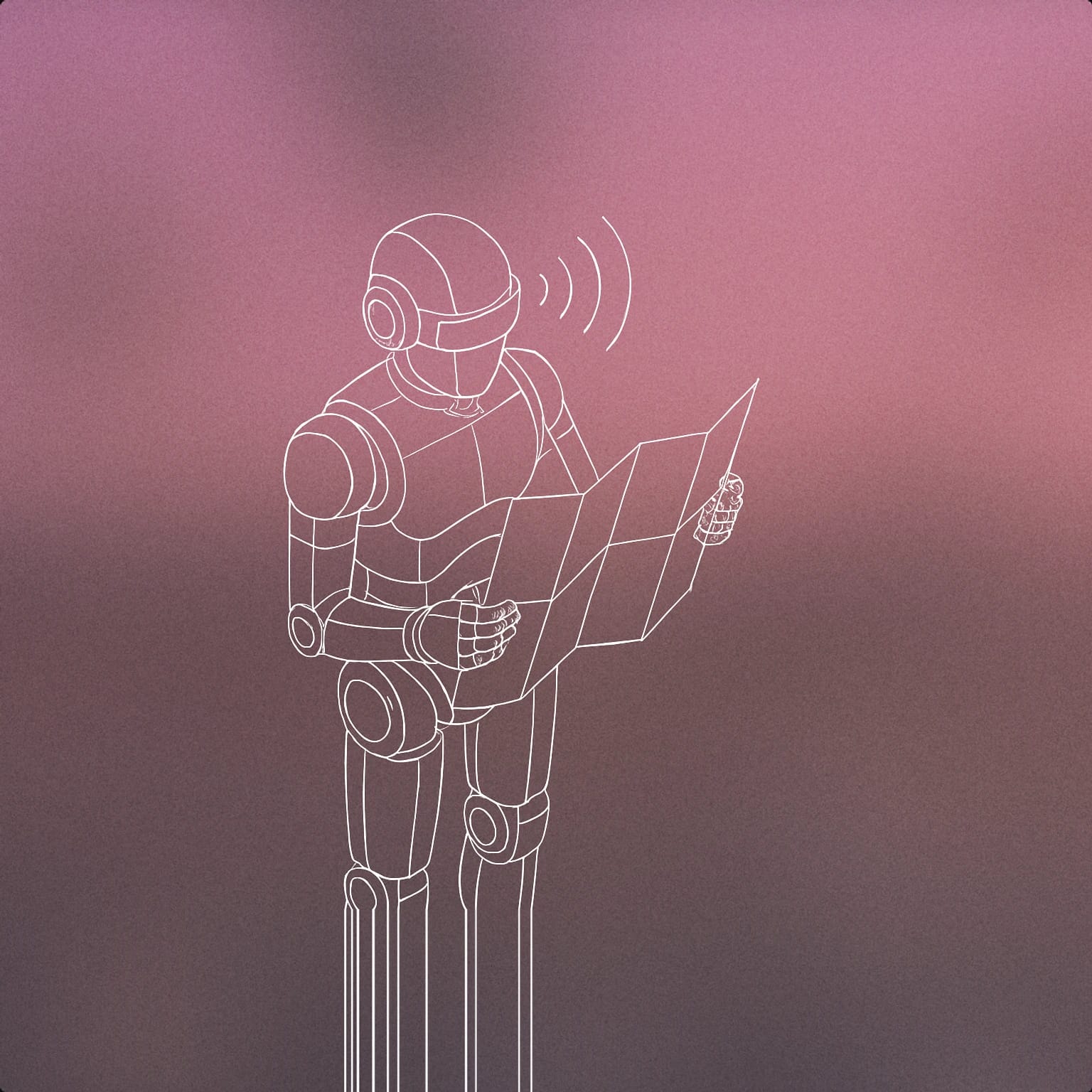 Cover of A stylized humanoid robot holding an open map with a subtle soundwave pattern emanating from its head for AI Tour Guide voice library