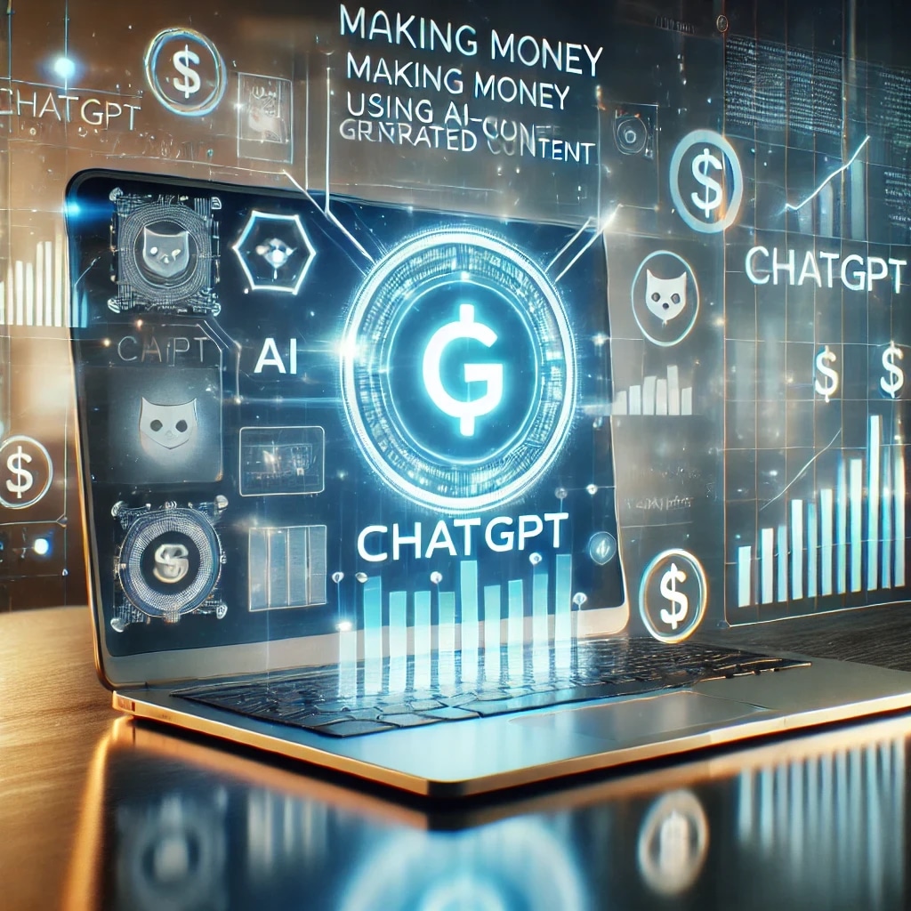 Digital illustration of AI and cryptocurrency concepts with the text "Making Money Using AI-Generated Content" and "CHATGPT" displayed on a futuristic screen.