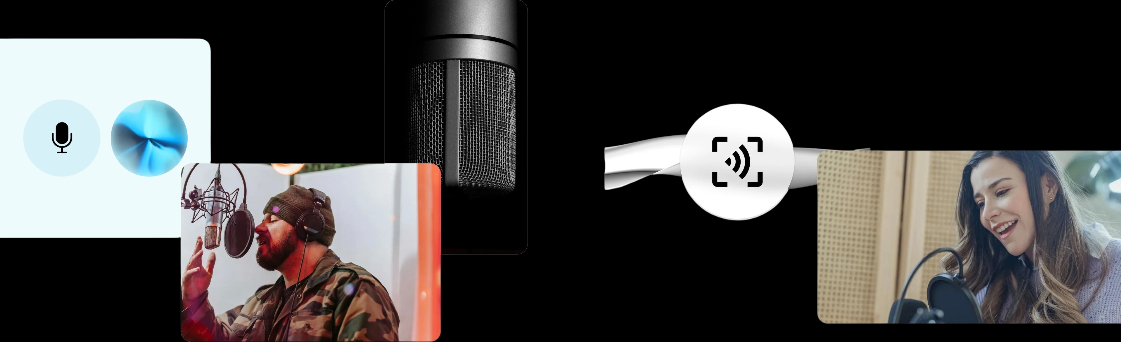 People recording and listening to audio with microphones and headphones.