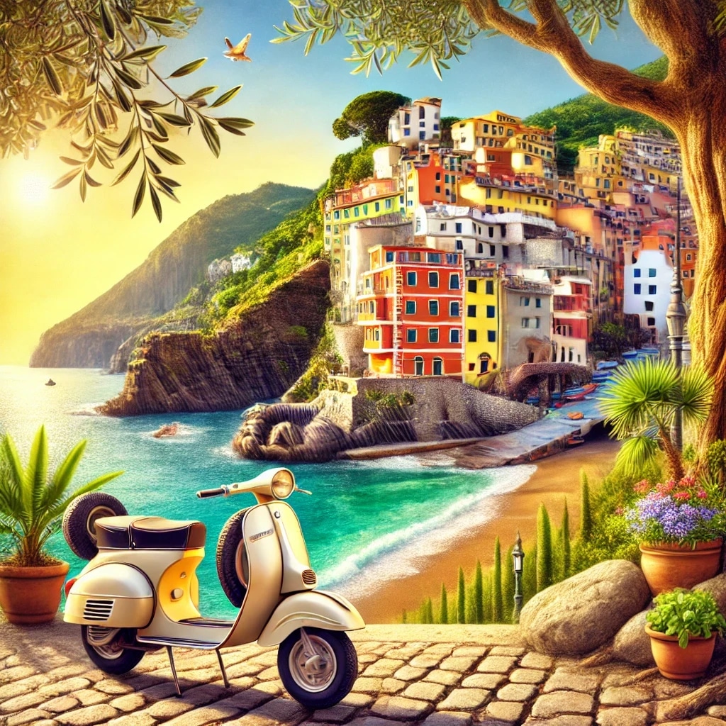 A colorful hillside town by the sea with a scooter parked on a cobblestone path in the foreground, surrounded by potted plants and trees.