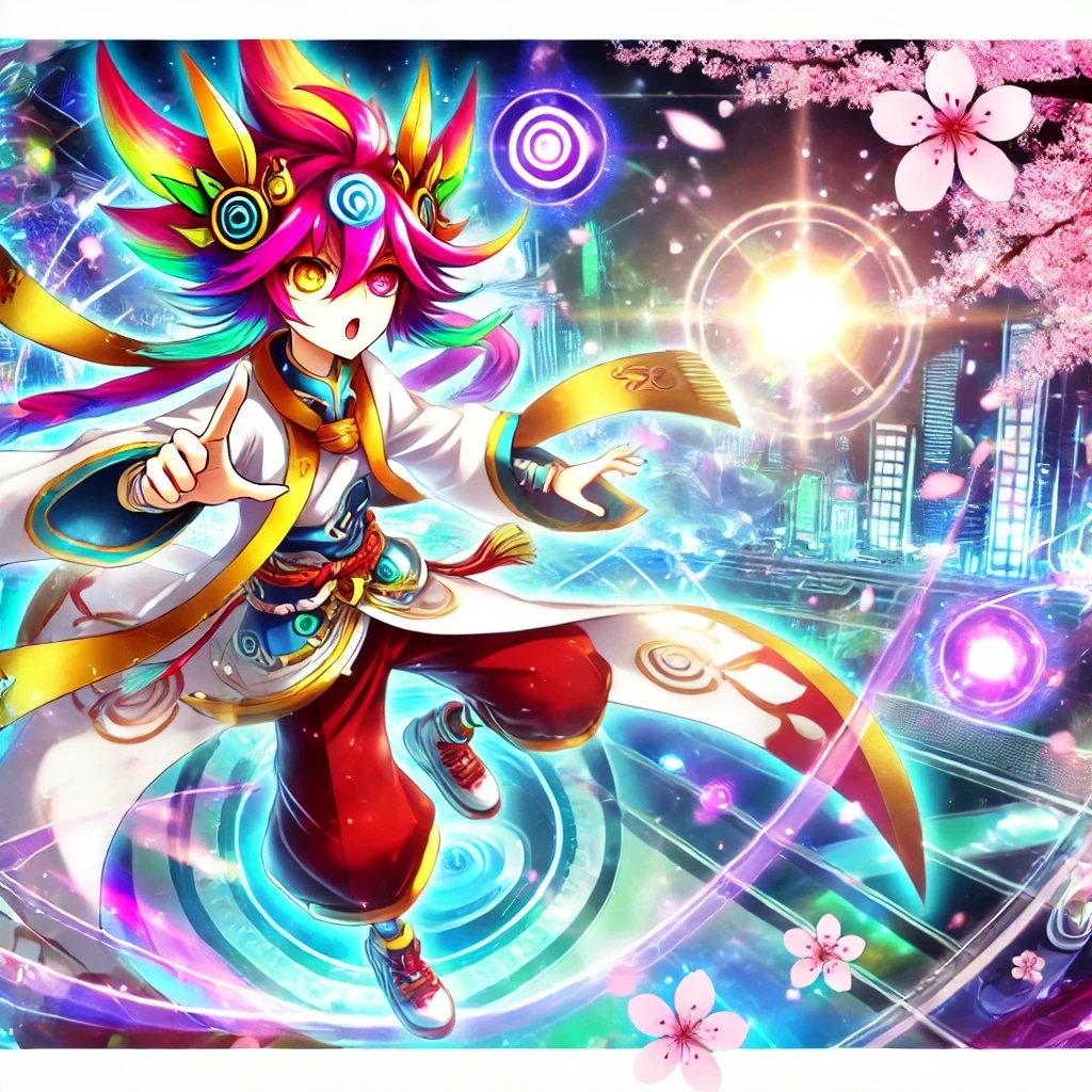 A vibrant, fantasy-style character with colorful hair and elaborate clothing, surrounded by glowing lights and cherry blossoms in a futuristic cityscape.