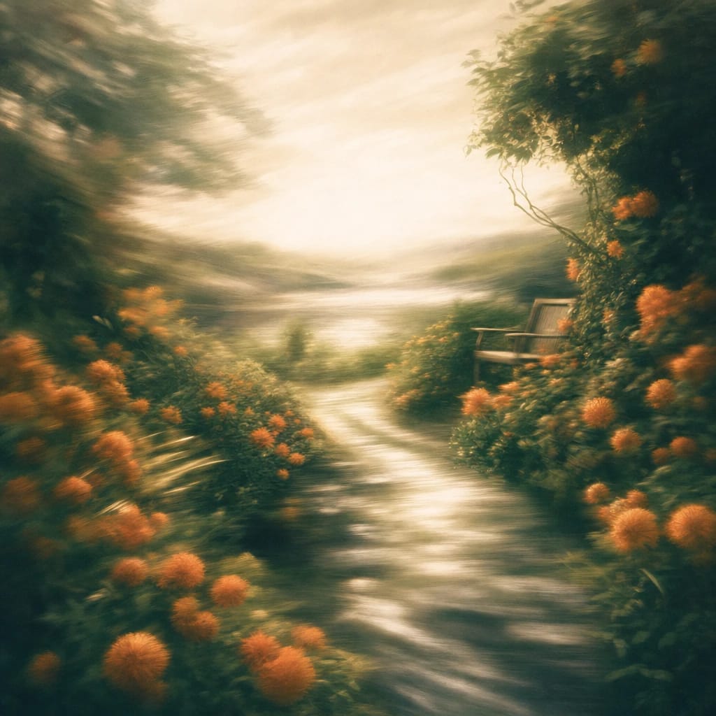 Stylized scene featuring a lush garden path bordered by blooming orange marigolds and winding green vines, with a cozy chair tucked among the foliage, rendered in deep forest green, off-white, and warm orange
