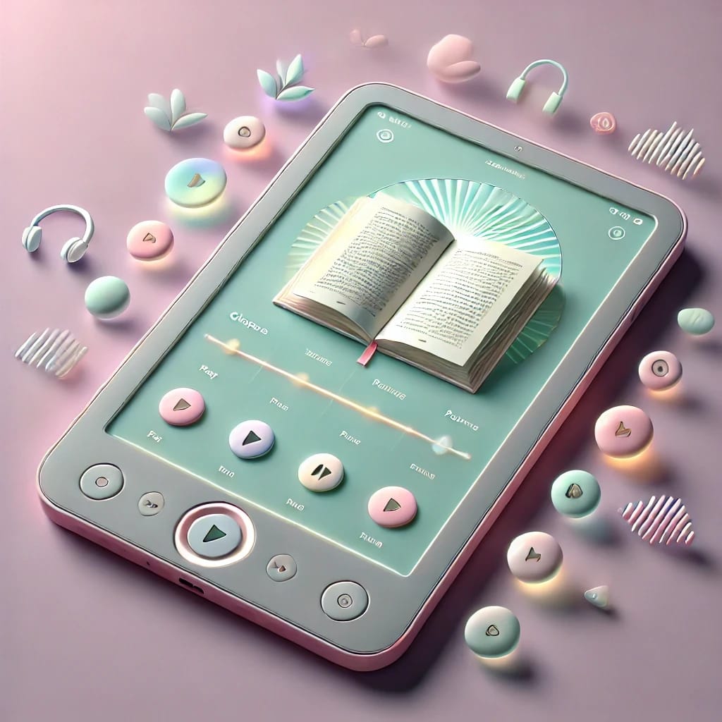 A digital tablet displaying an open book on its screen, surrounded by pastel-colored headphones, buttons, and decorative elements on a pink background.