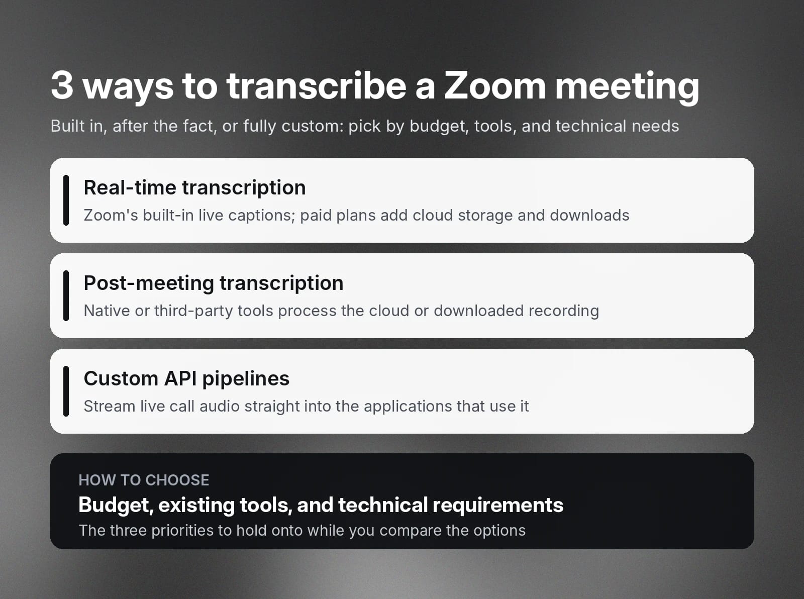 Three Zoom transcription methods: real-time, post-meeting, and custom API pipelines.