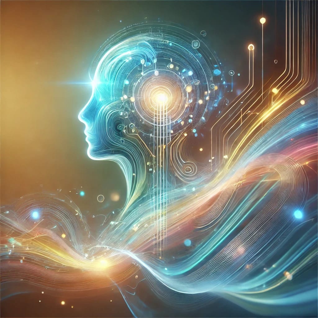 Digital illustration of a human head with a glowing, circuit-like brain and flowing, colorful lines representing technology and artificial intelligence.