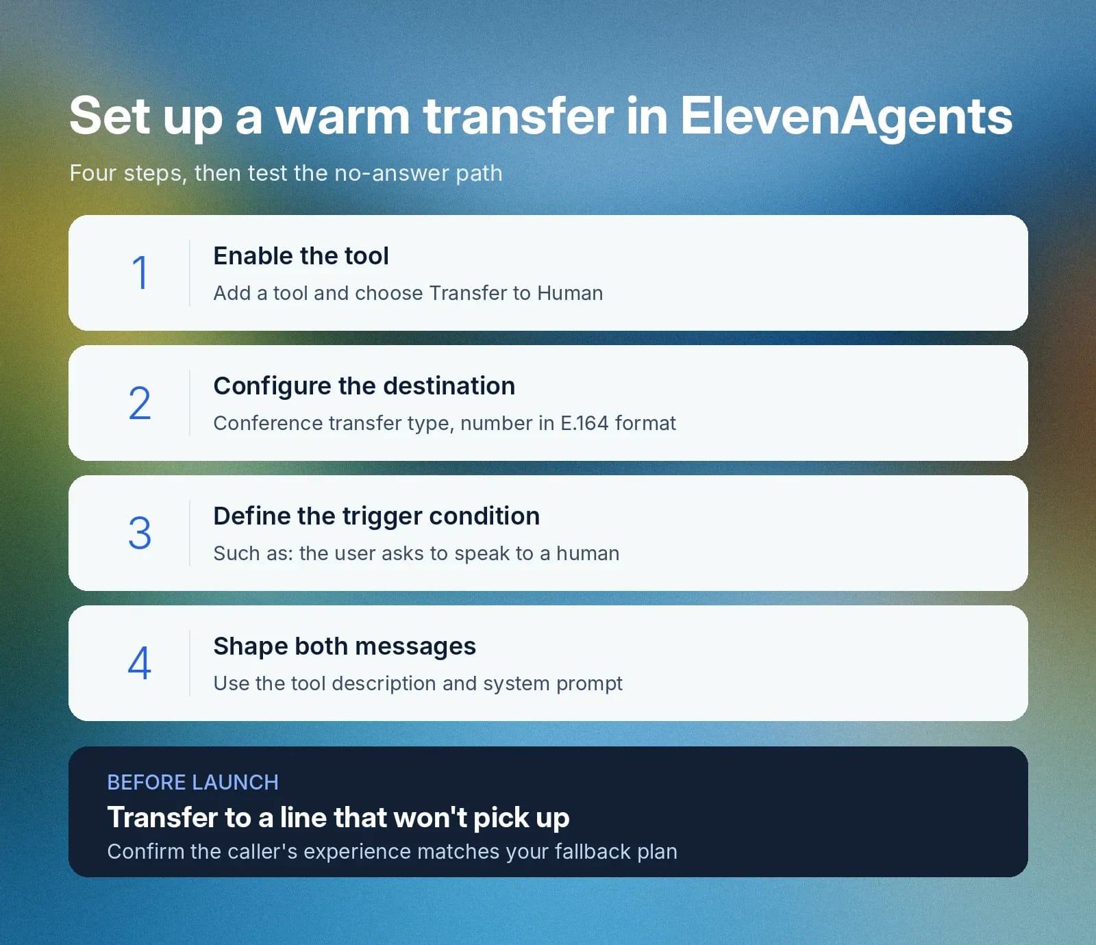 ElevenAgents warm transfer setup: four steps and a no-answer fallback test. See how it differs warm transfer vs cold transfer