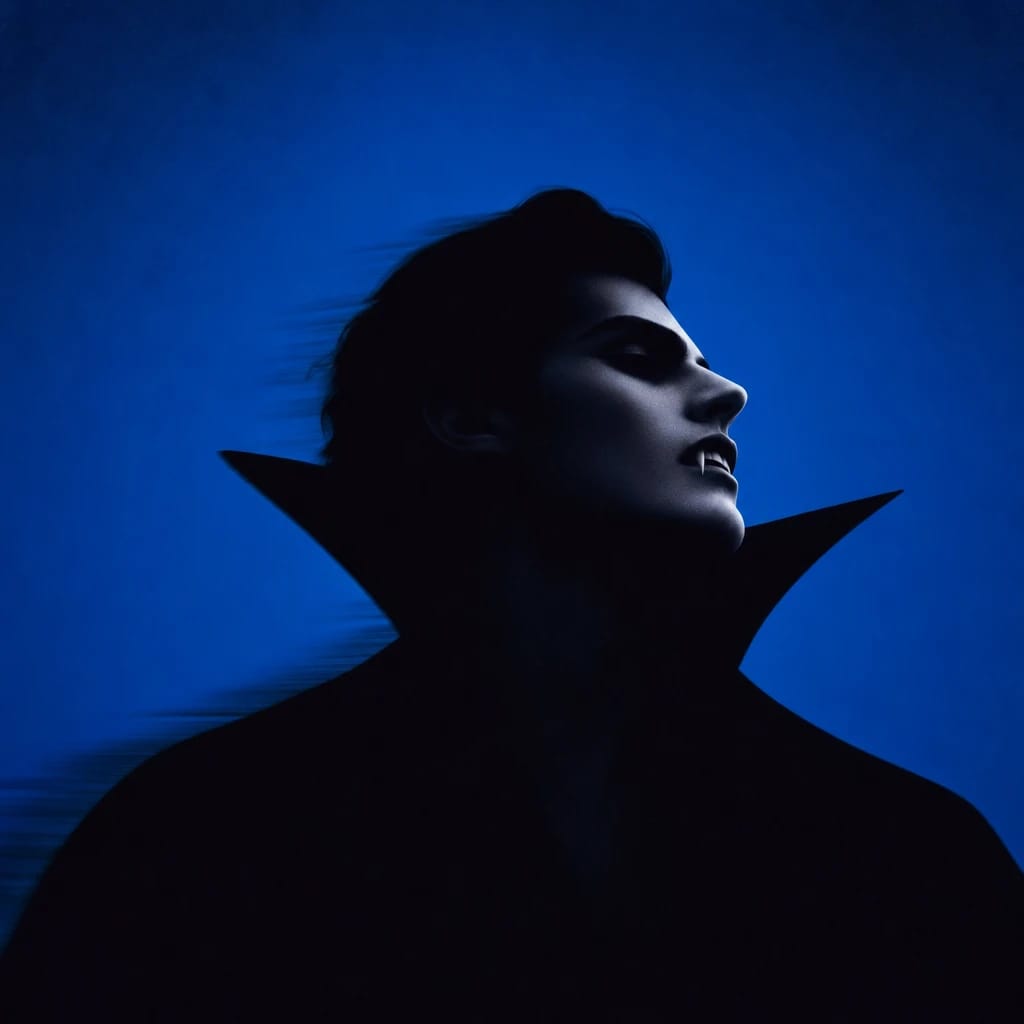 Stylized scene featuring regal vampire with pale skin and sharp fangs, rendered in #004CB6