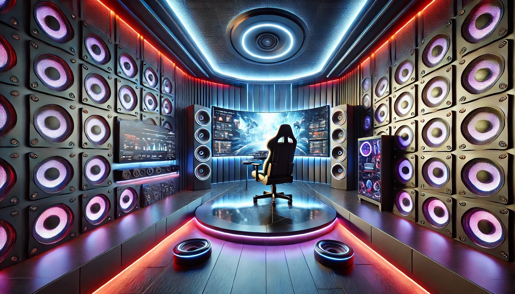 A futuristic gaming or entertainment room with a large curved screen, gaming chair, and walls covered in multiple speakers, illuminated by vibrant neon lights.