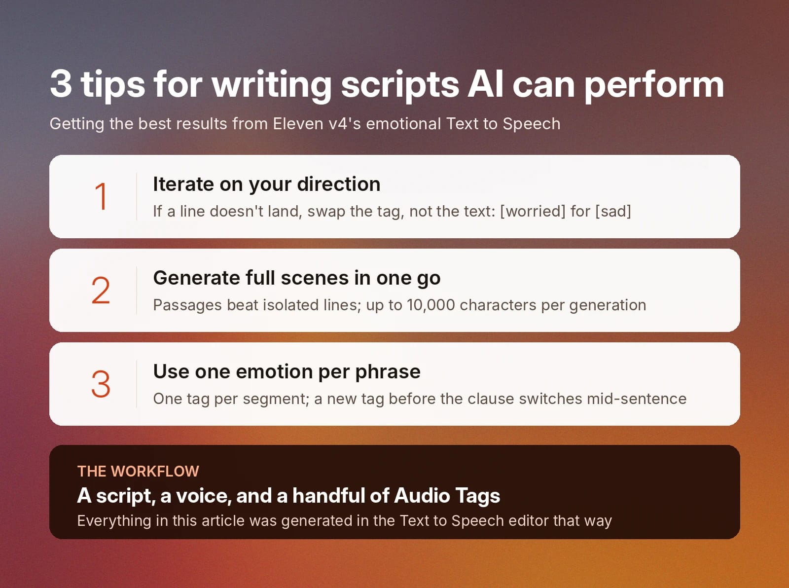 Three tips for AI-ready scripts: iterate, generate full scenes, and use one emotion per phrase.
