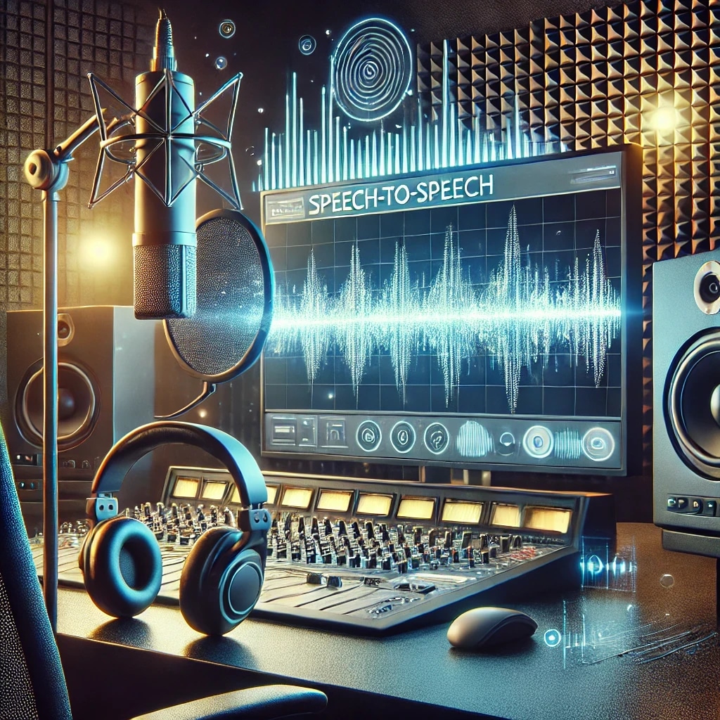 A recording studio with a microphone, headphones, sound mixing console, and a large screen displaying a speech-to-speech waveform.