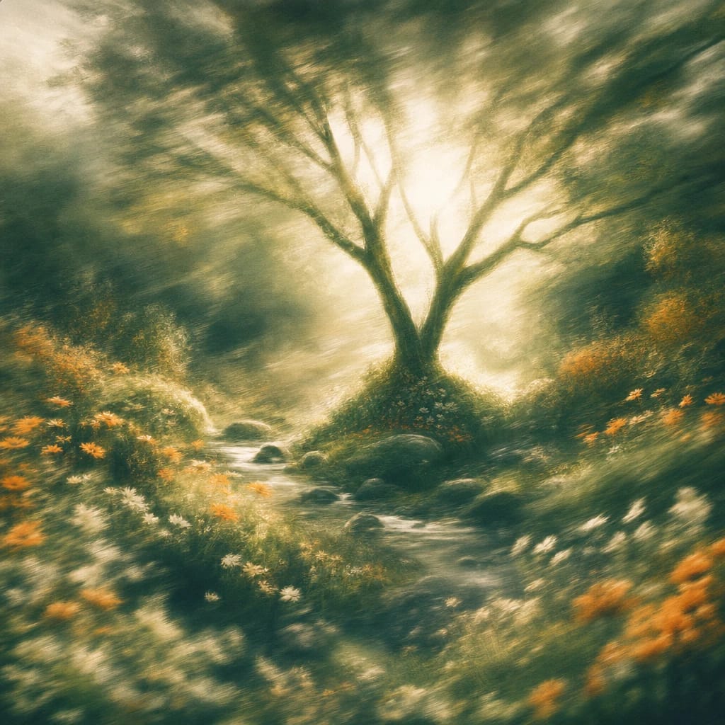 Stylized scene featuring a sun-dappled forest clearing with diverse wildflowers surrounding a smooth, multi-branched tree at the center, rendered in deep forest green, off-white, and warm orange