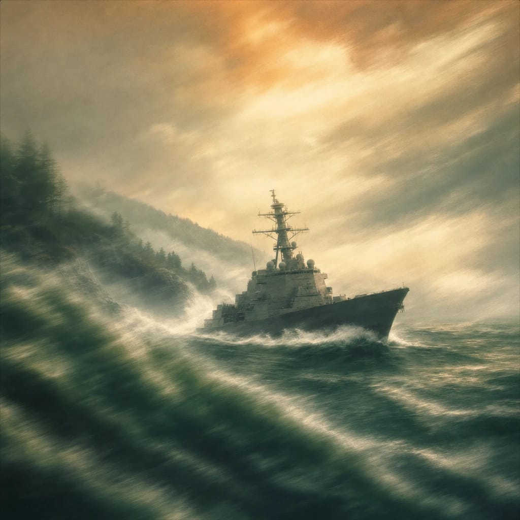 Stylized scene featuring a formidable naval destroyer cutting through choppy forest-green waters along a misty coastline, dramatic sunset clouds overhead, rendered in deep forest green, off-white, and warm orange