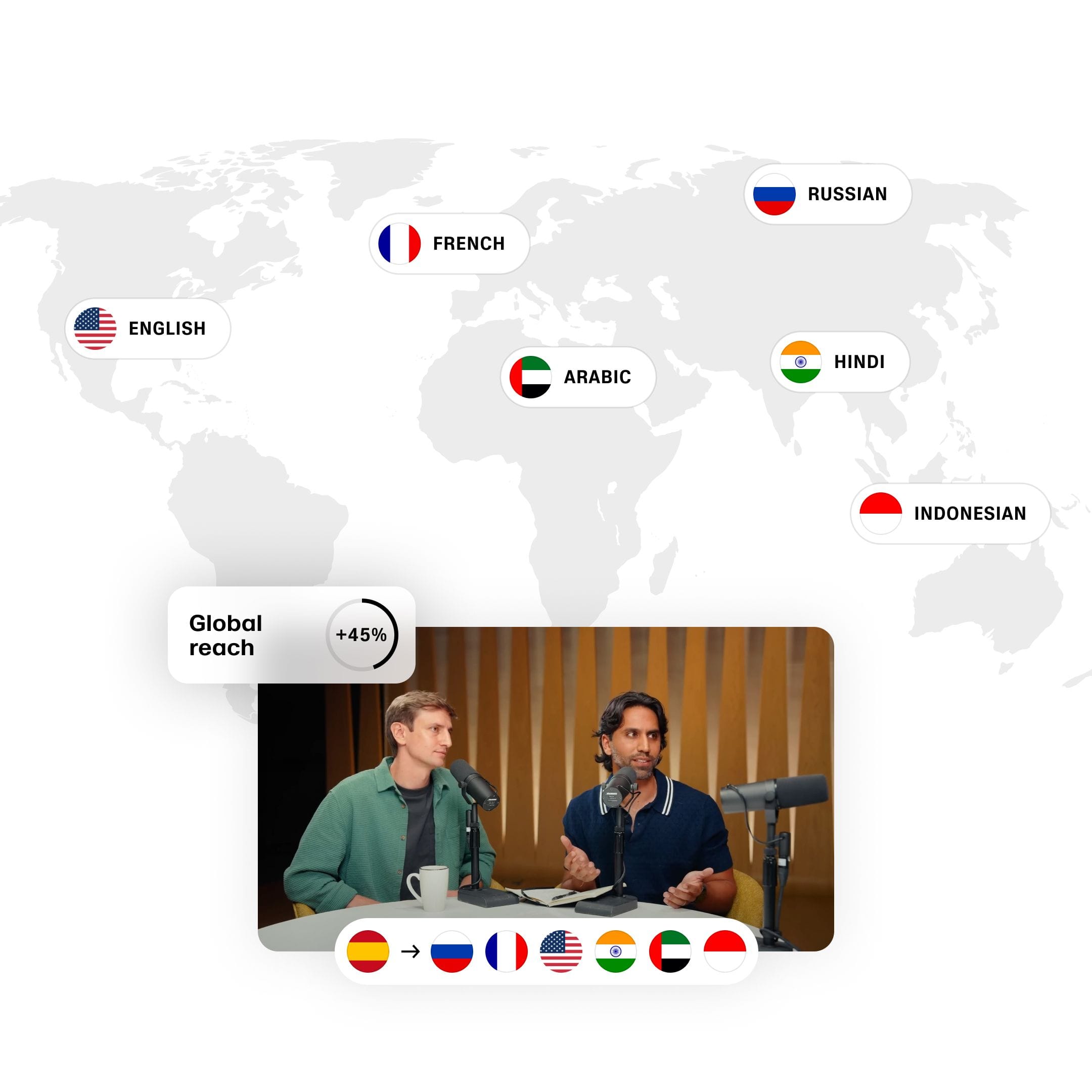Two men speaking into microphones during a podcast or radio recording, with a world map and language icons in the background.