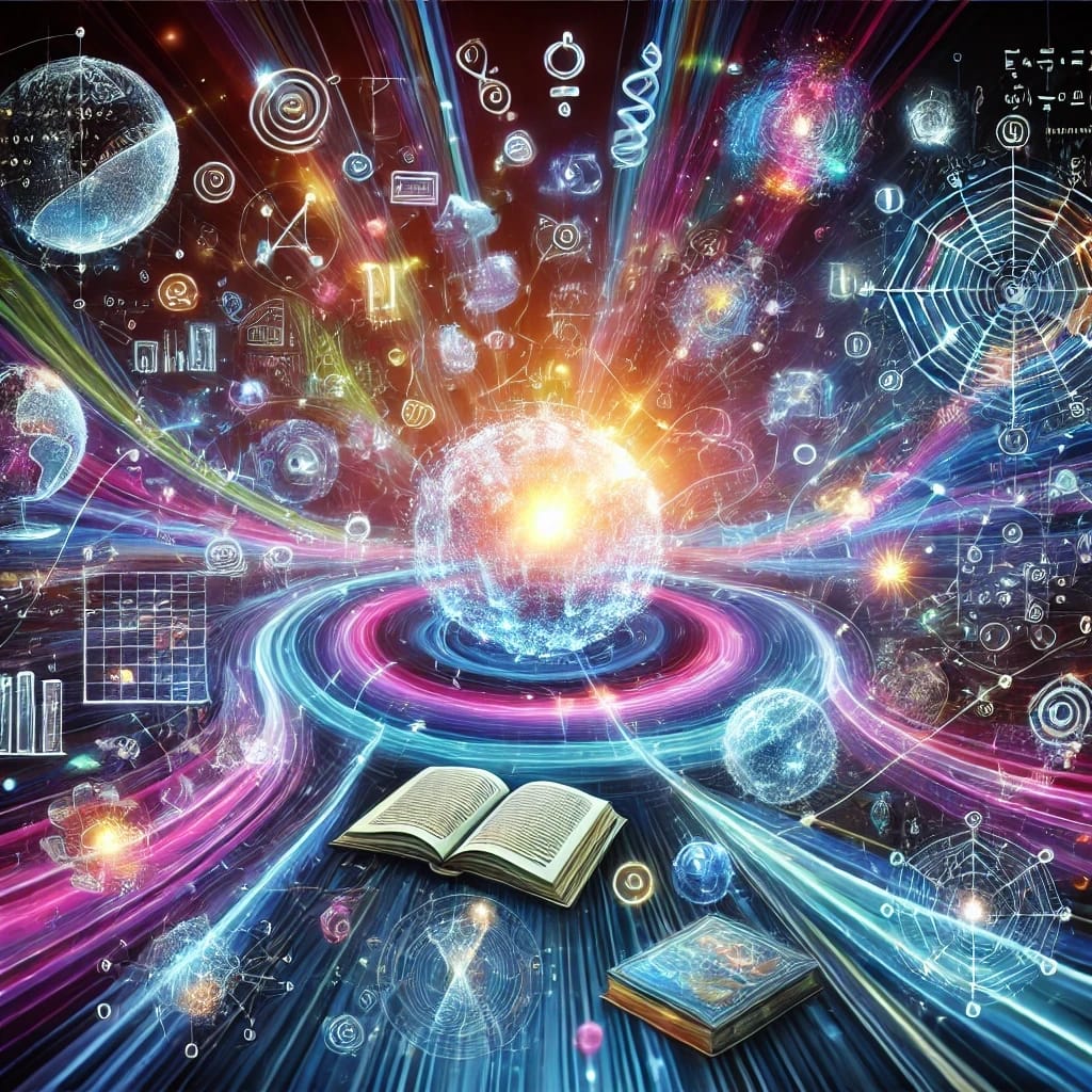 A digital artwork depicting a cosmic scene with glowing books, swirling light trails, planets, and abstract scientific symbols and diagrams, all emanating from a central bright light.