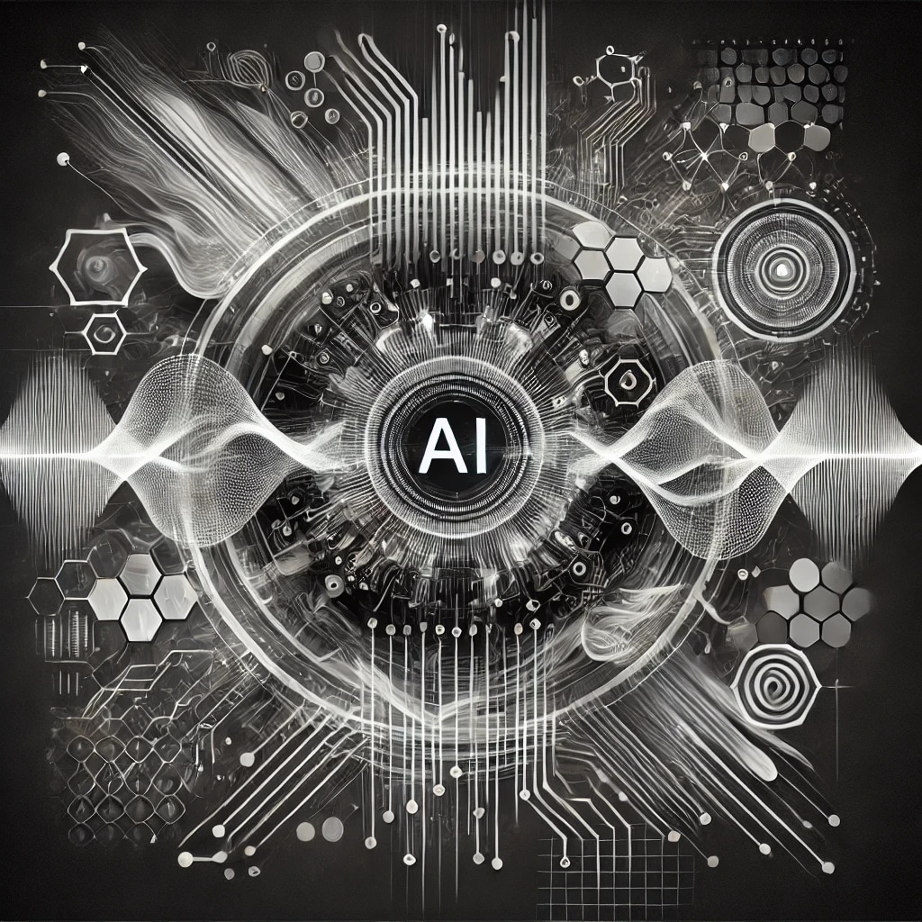 Digital illustration of artificial intelligence with circuit-like patterns, hexagons, and waveforms in black and white.