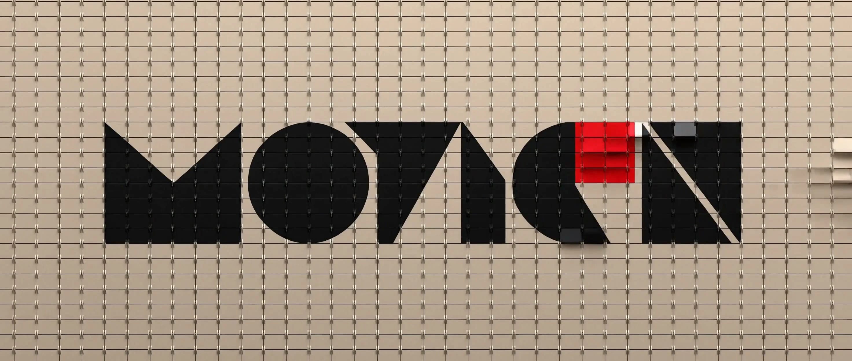 A playful but premium 15-second motion graphic. Champagne split-flap tiles ripple from the center, flip into geometric MOTION, then lock together as burgundy and black machined letterforms under a gallery spotlight.