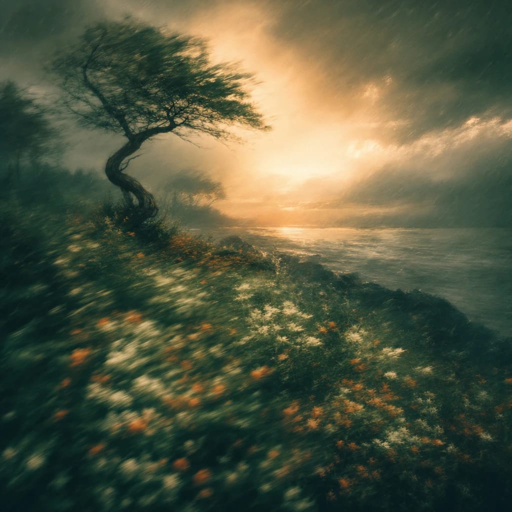 Stylized scene featuring dramatic, rain-soaked forest edge at dusk with a single twisted, wind-bent tree leaning over a vibrant patch of wildflowers, rendered in deep forest green, off-white, and warm orange